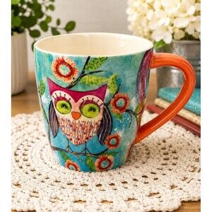 LANG Happy Owl Coffee Mug Wendy Bentley Colorful Owl Floral 14 Oz Ceramic